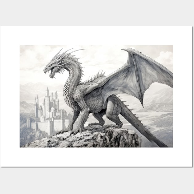 Dragon Animal Mystic Wild Fantasy Ink Sketch Style Wall Art by Cubebox